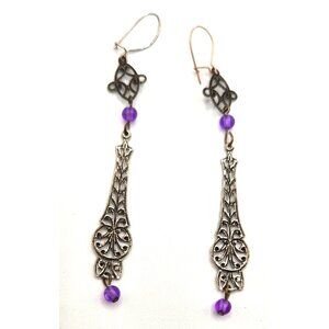 Silver Tone Lace Design Dangle Earrings With Purple Accent Beads